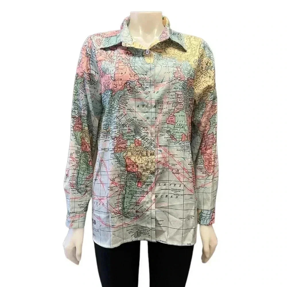 Misslook Map Of The World Long Sleeve Button Down Blouse Size Medium
